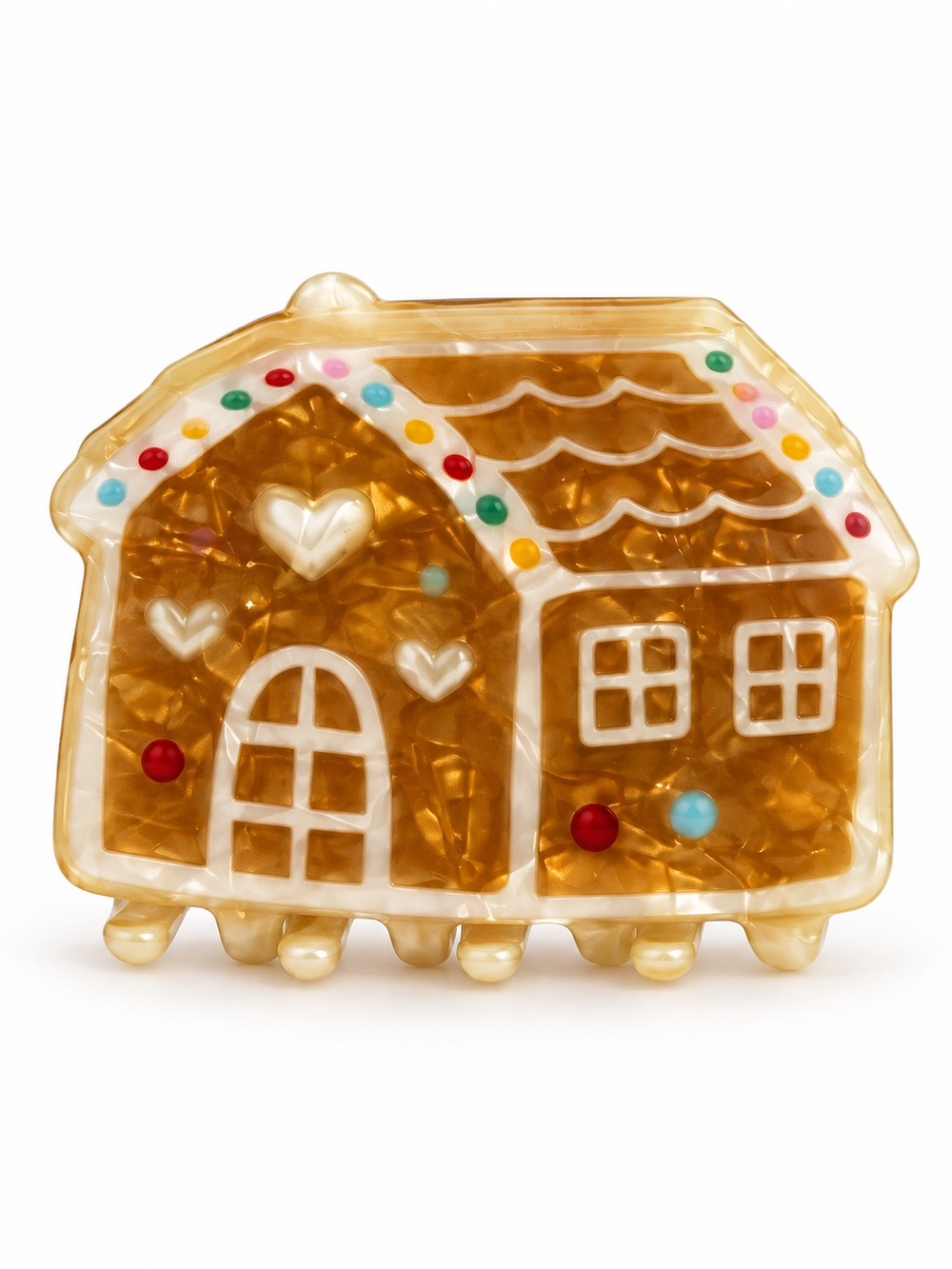Brown Gingerbread House Multicolor Candy White Hearts 2" Lobster Claw Hair Clip